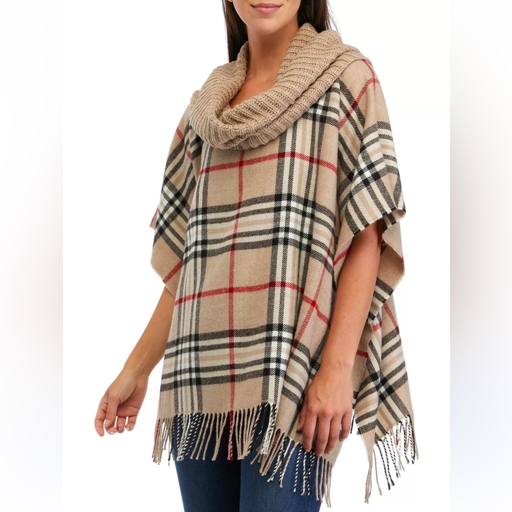Plaid Beige and Red Cowl Neck Poncho